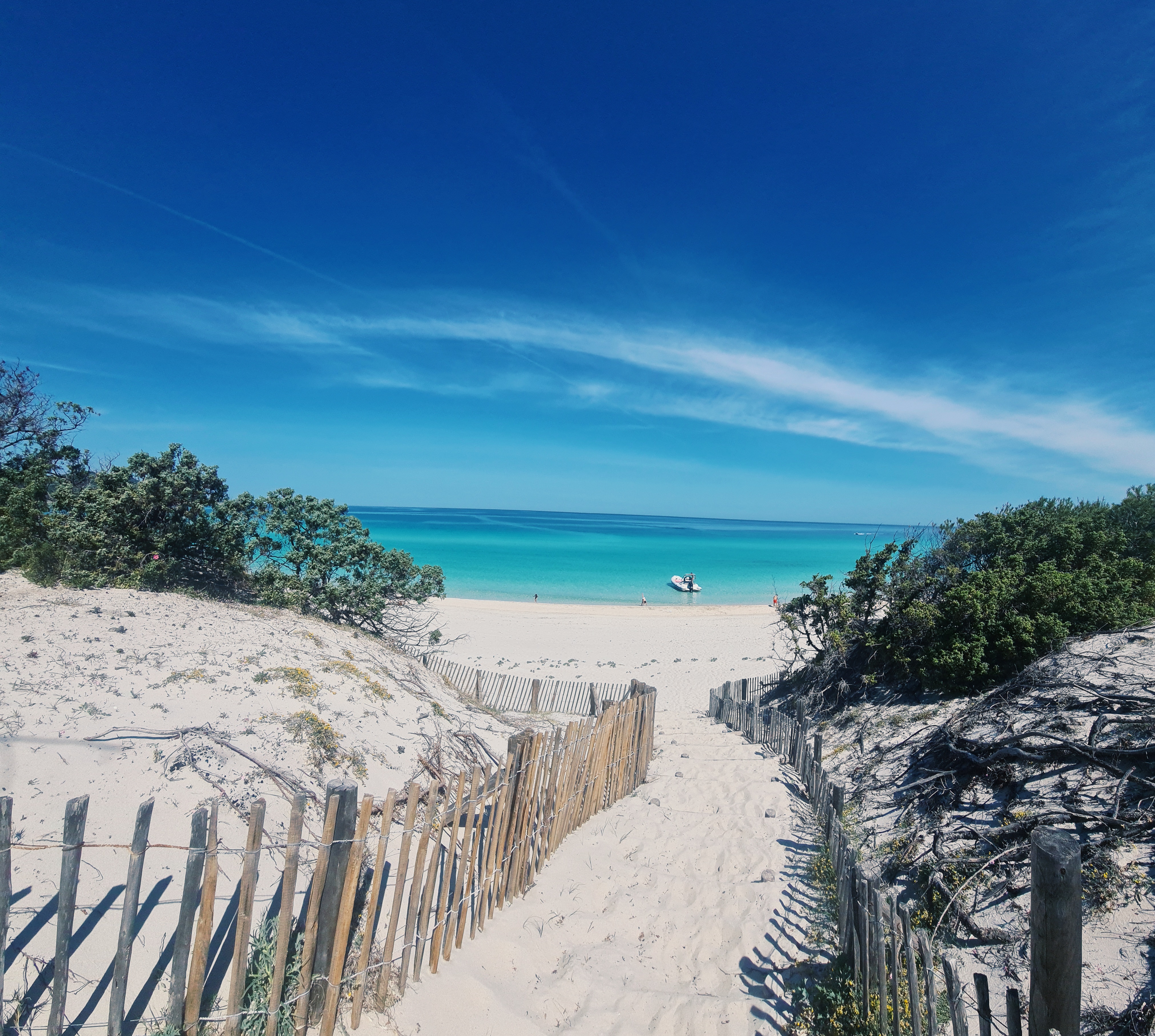 Un chemin de sable bordé d'une clôture en bois traverse des dunes et des buissons, menant à une plage claire et turquoise sous un ciel bleu éclatant, avec un petit bateau visible sur l'eau.